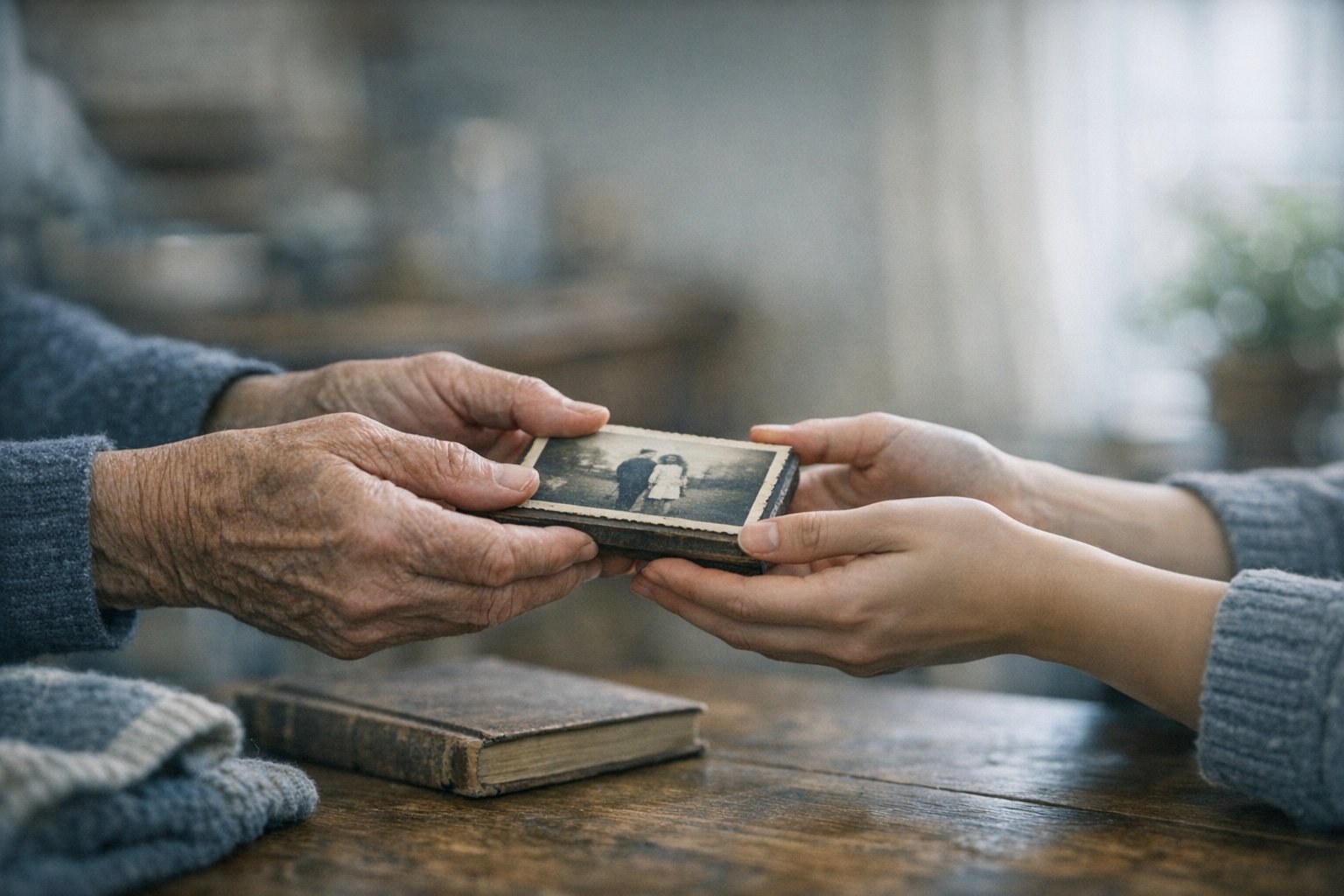Old and young hands passing a photograph — neither letting go yet